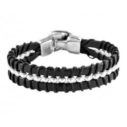 Silver beaded black leather bracelet