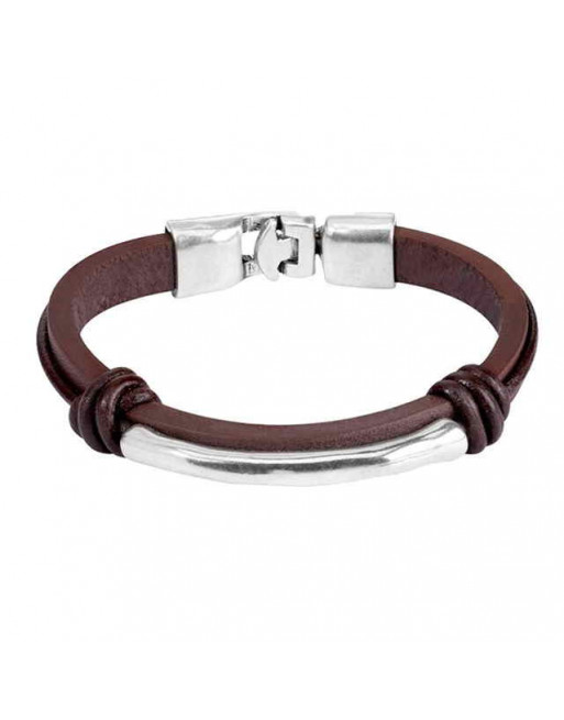Brown Leather Bracelet with silver tube