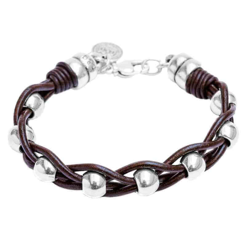 Pulsera Trenzado Cuero Bolas Plata