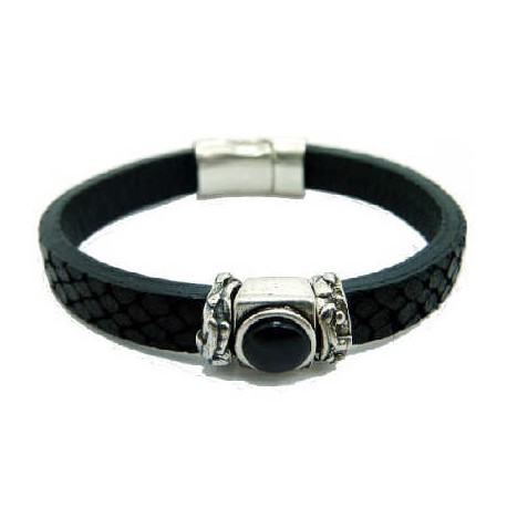 Black Leather Bracelet with resin stone