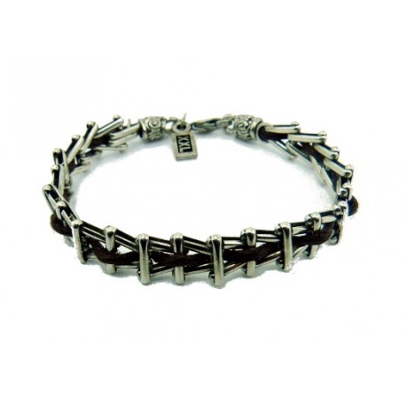 Silver grid chain leather bracelet