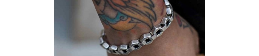 Chain link silver bracelets, biker and tattoo style chains for men